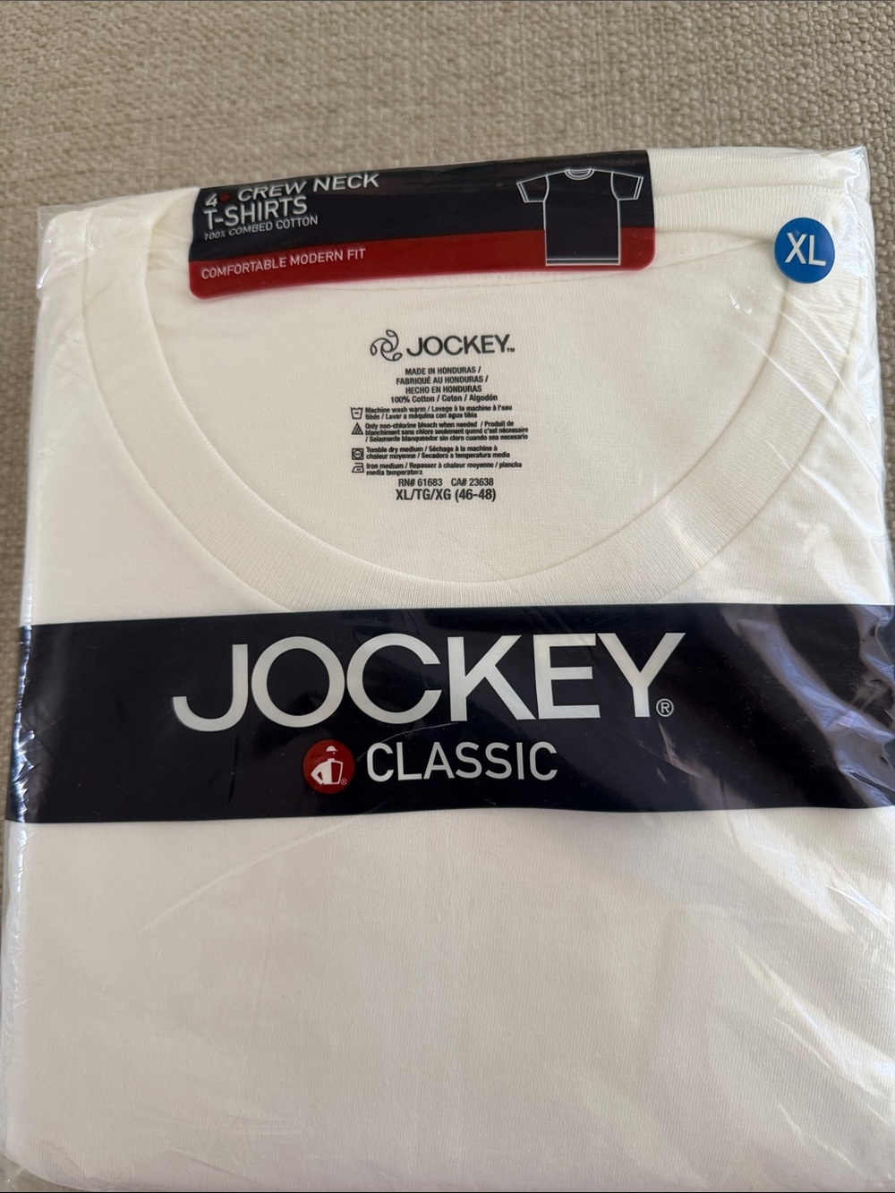 Jockey White Crew Neck Short Sleeve Tee - Men’s XL NWT, Size XL. 4 pack